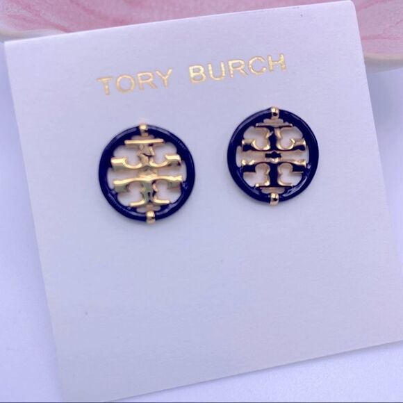 NWOT Tory Burch Gold DoubLe T With Black Enamel Trim Round Stud Earrings - Picture 2 of 10
